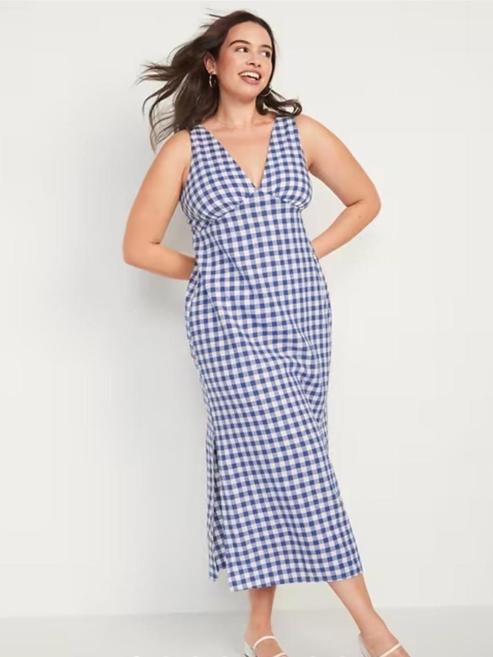 Old Navy Blue White Gingham Linen Blend Smocked Tie Back Maxi Midi Dress Large
